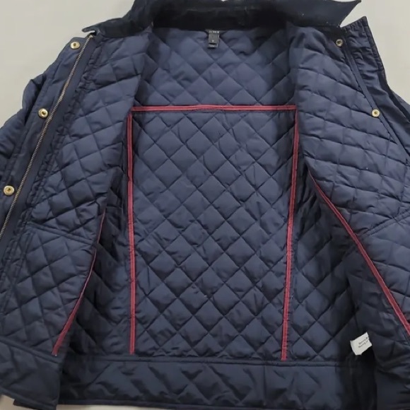 J Crew Quilted Puffer Down Jacket Womens Sz XS Corduroy Collar Navy Blue Gold - Picture 3 of 13
